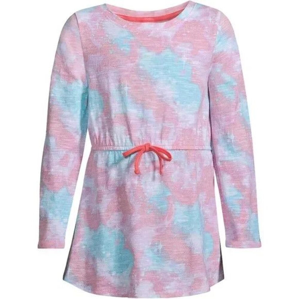 Lands End Girls XL Long Sleeve Tunic Top Saltwater Pink Galaxy Gathered Waist